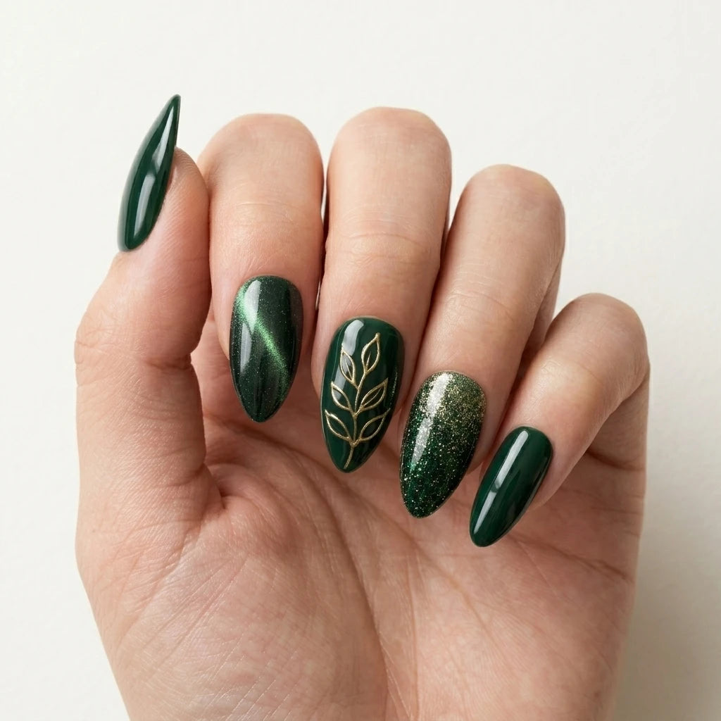 green gold 3d cat eye almond press on nails leaf branch glitter mockup 01