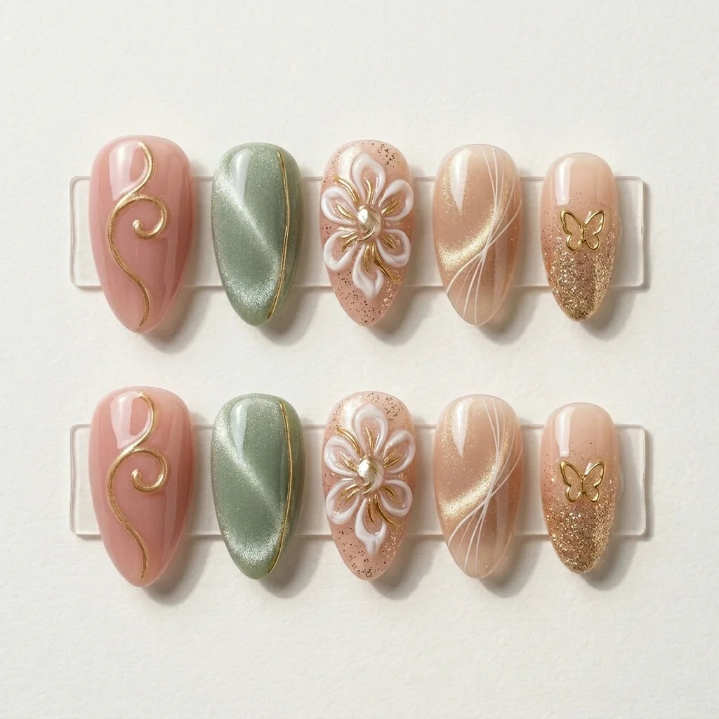 green gold blush 3d cat eye almond press on nails floral butterfly detail 01