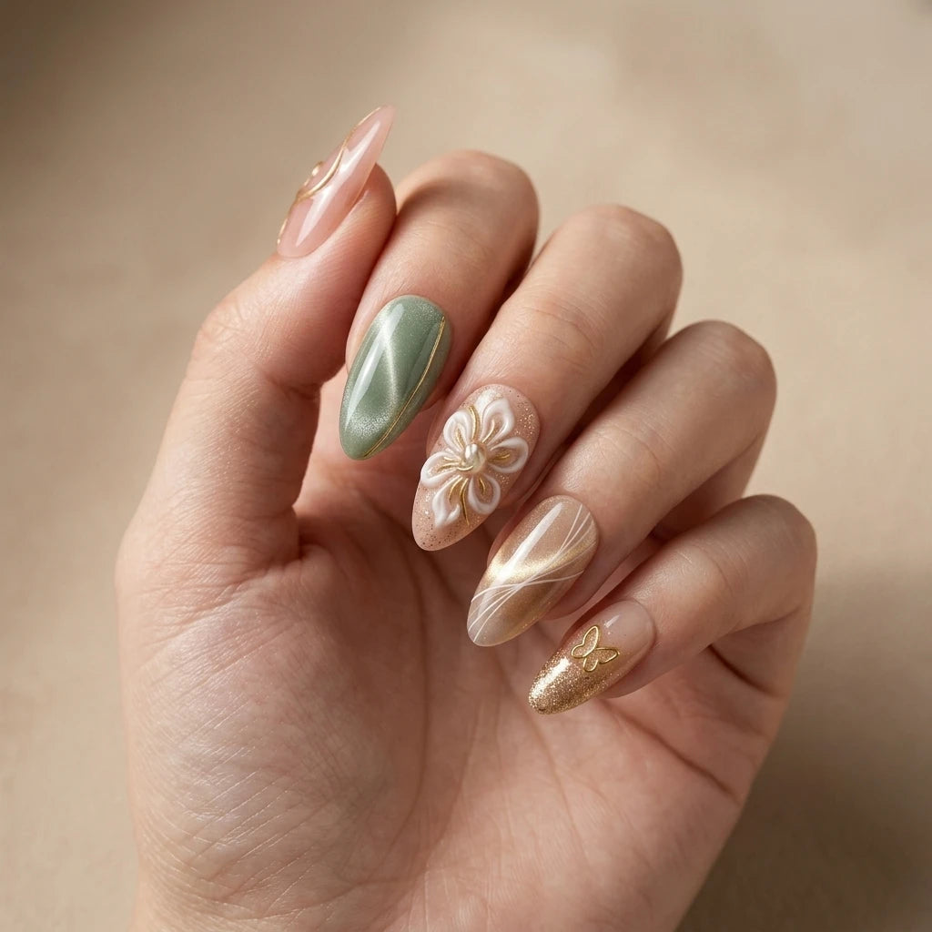 green gold blush 3d cat eye almond press on nails floral butterfly lifestyle 01