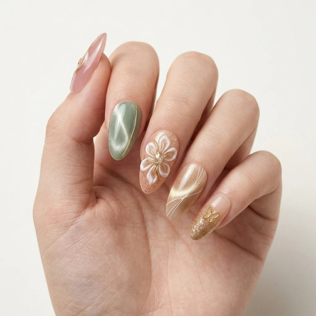 green gold blush 3d cat eye almond press on nails floral butterfly mockup 01