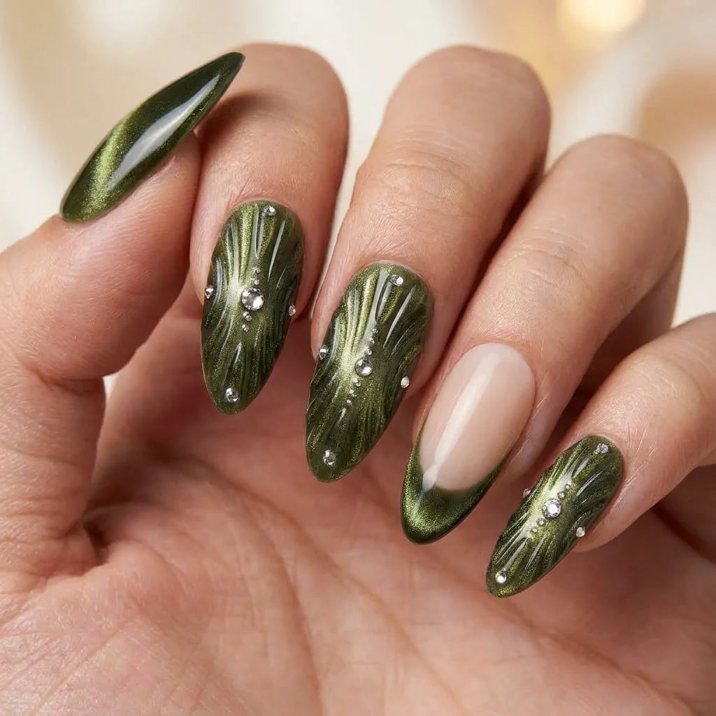 green nude 3d cat eye almond press on nails shell texture gem detail 01
