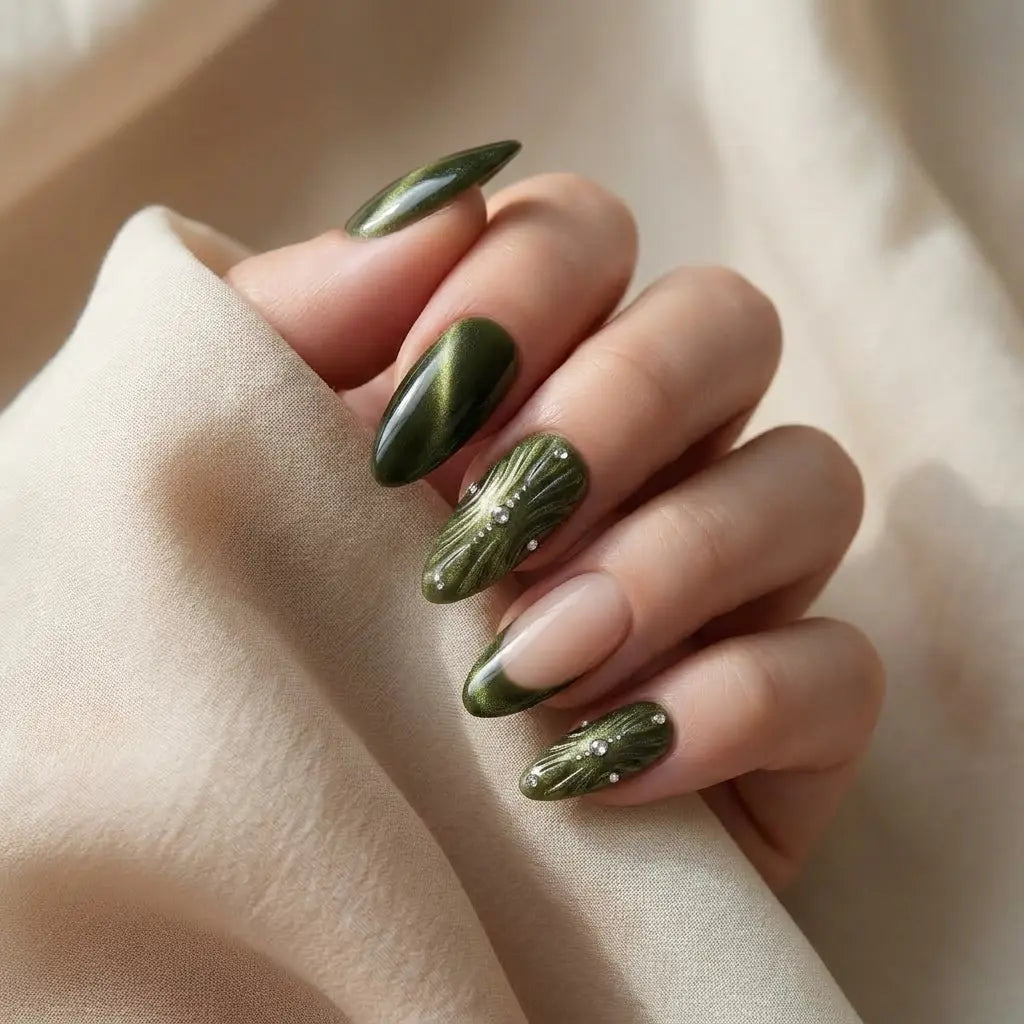 green nude 3d cat eye almond press on nails shell texture gem flat lay 01