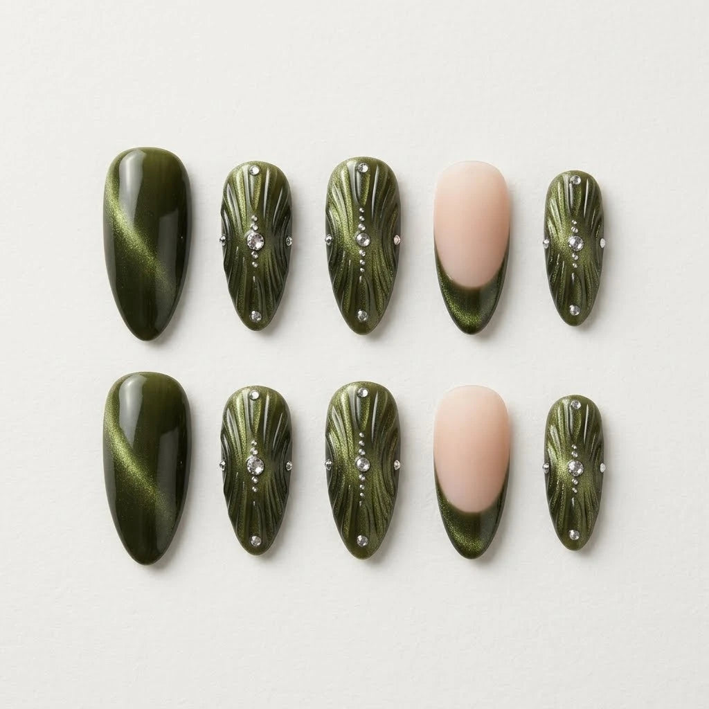 green nude 3d cat eye almond press on nails shell texture gem mockup 01