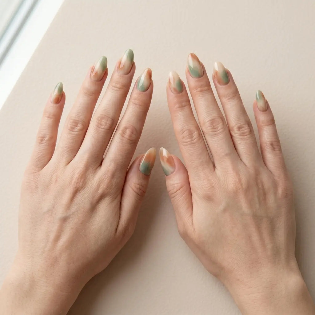 green orange nude ombre almond press on nails abstract swirl detail 03