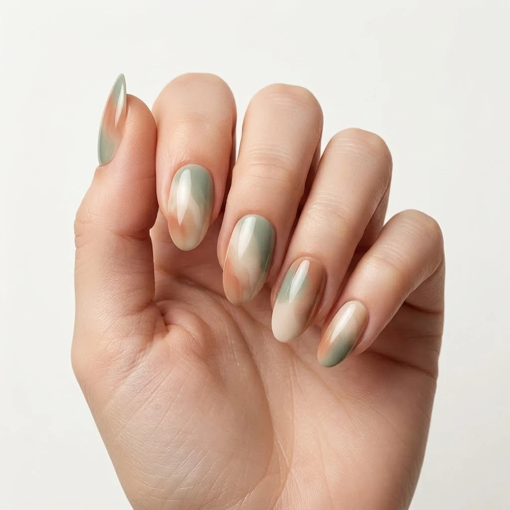 green orange nude ombre almond press on nails abstract swirl flat lay 04