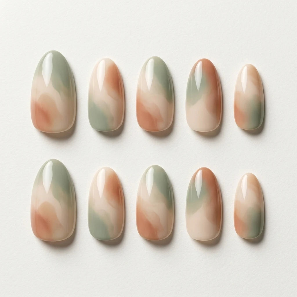 green orange nude ombre almond press on nails abstract swirl mockup 05