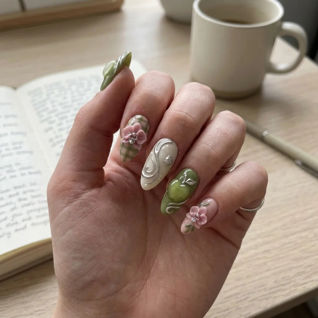 green pink 3d almond medium press on nails orchid apple detail 01