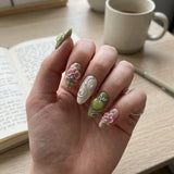 green pink 3d almond medium press on nails orchid apple detail 01