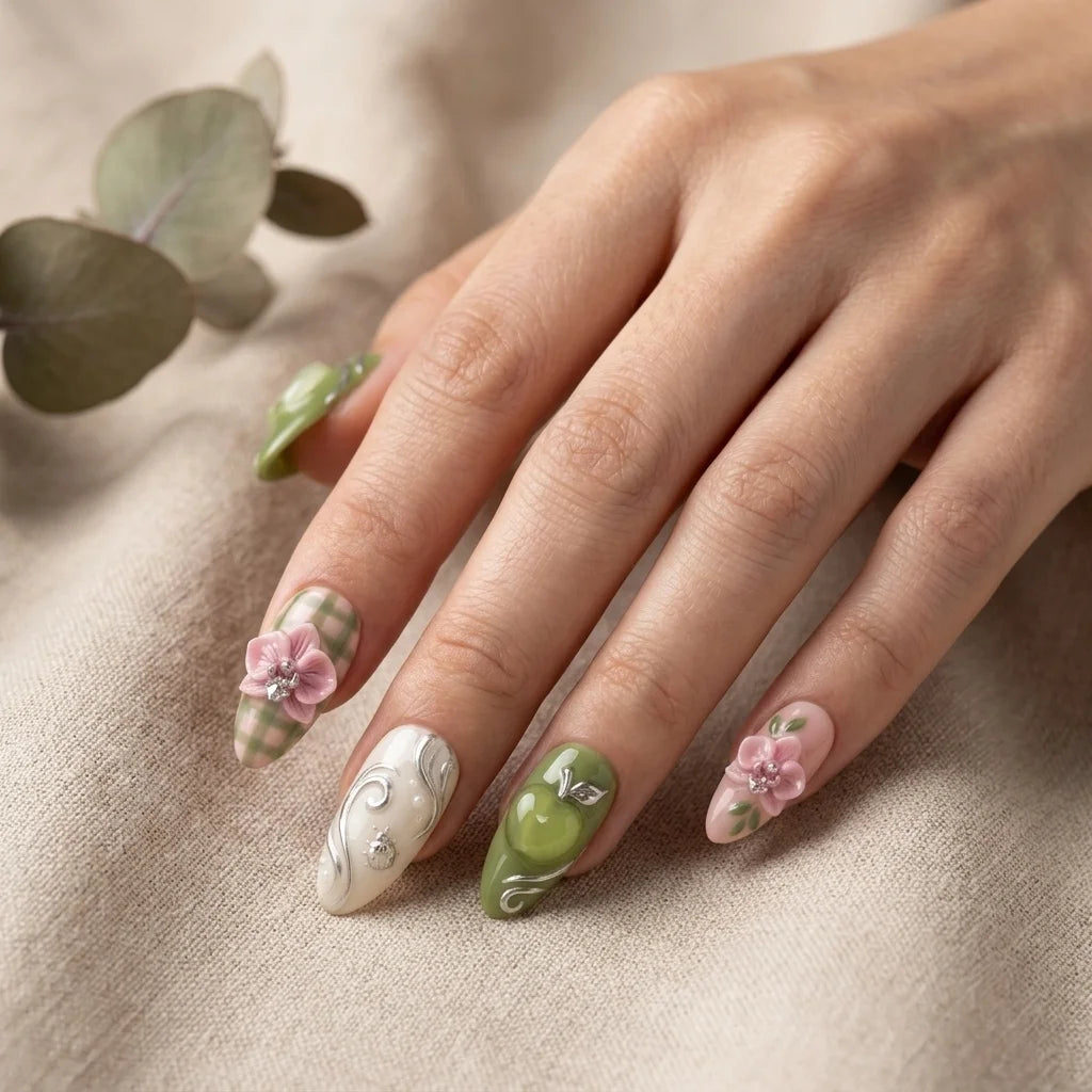 green pink 3d almond medium press on nails orchid apple flat lay 01