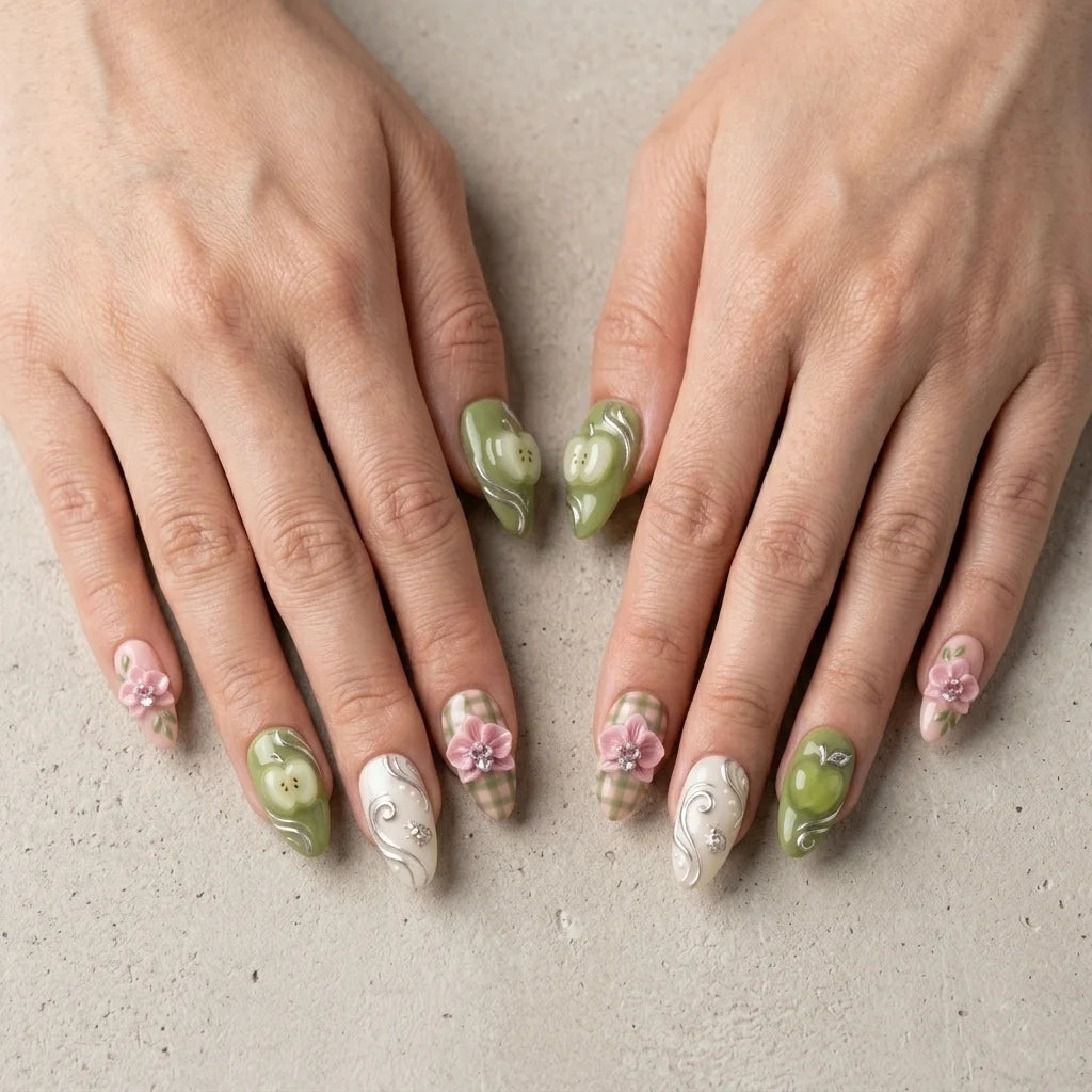 green pink 3d almond medium press on nails orchid apple mockup 01