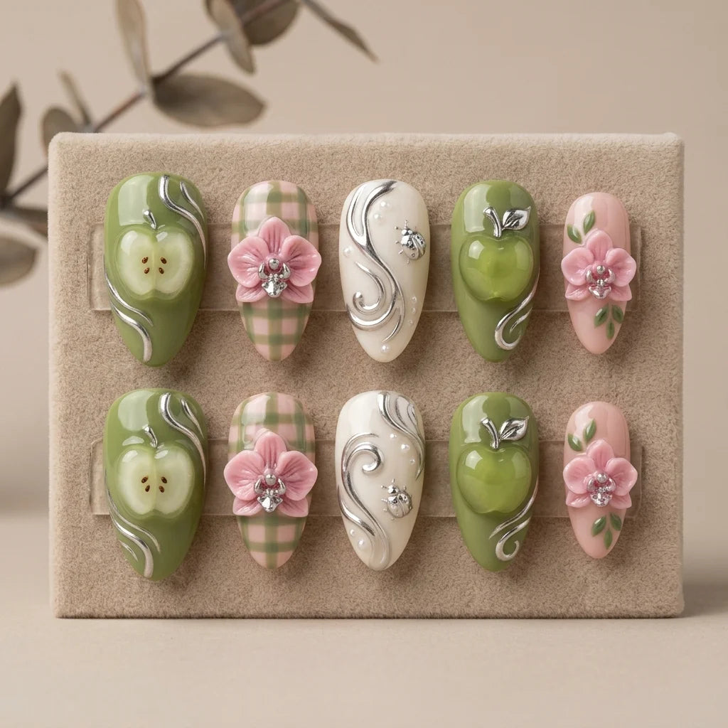 green pink 3d almond medium press on nails orchid apple mockup 02