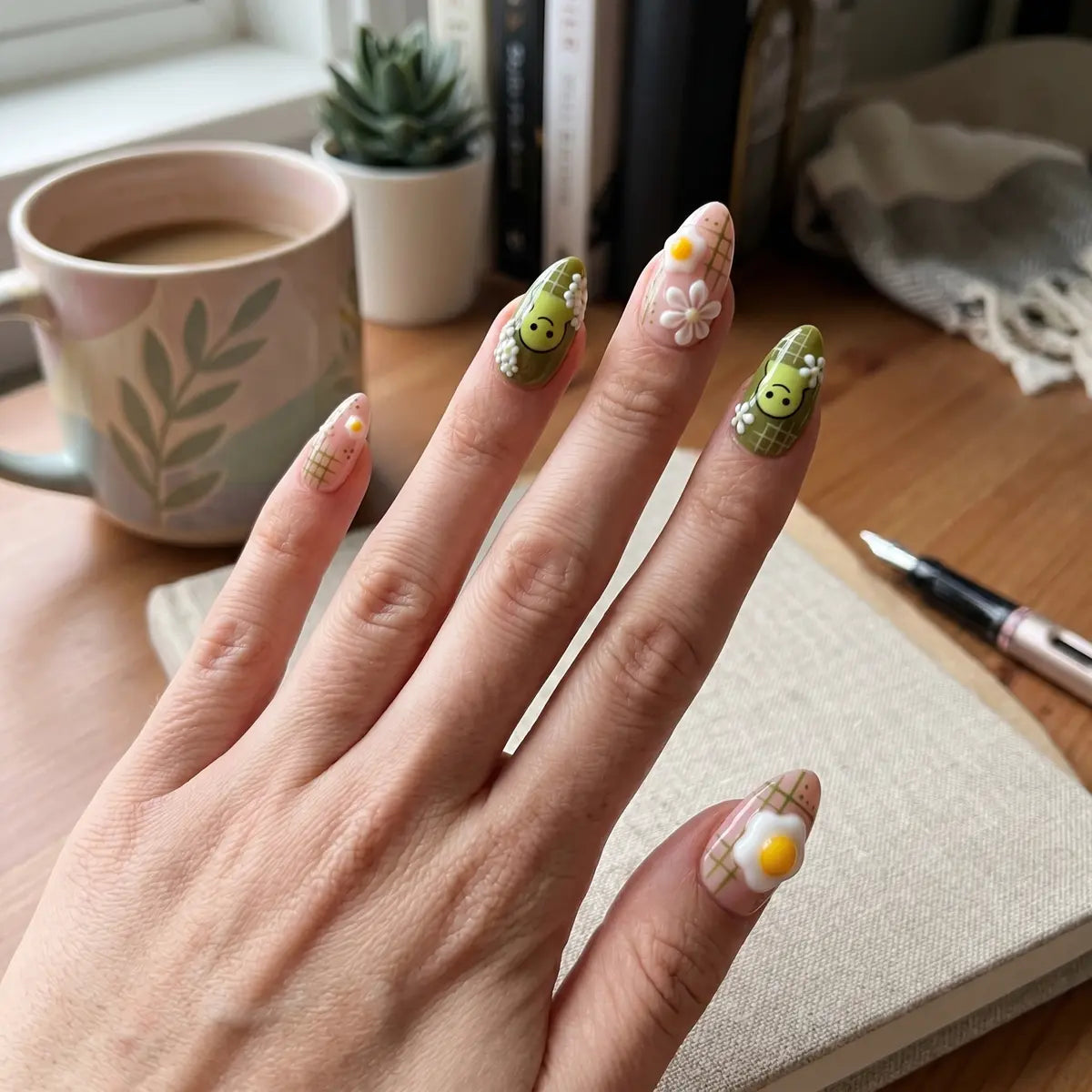 green pink 3d almond press on nails fried egg daisy detail 03