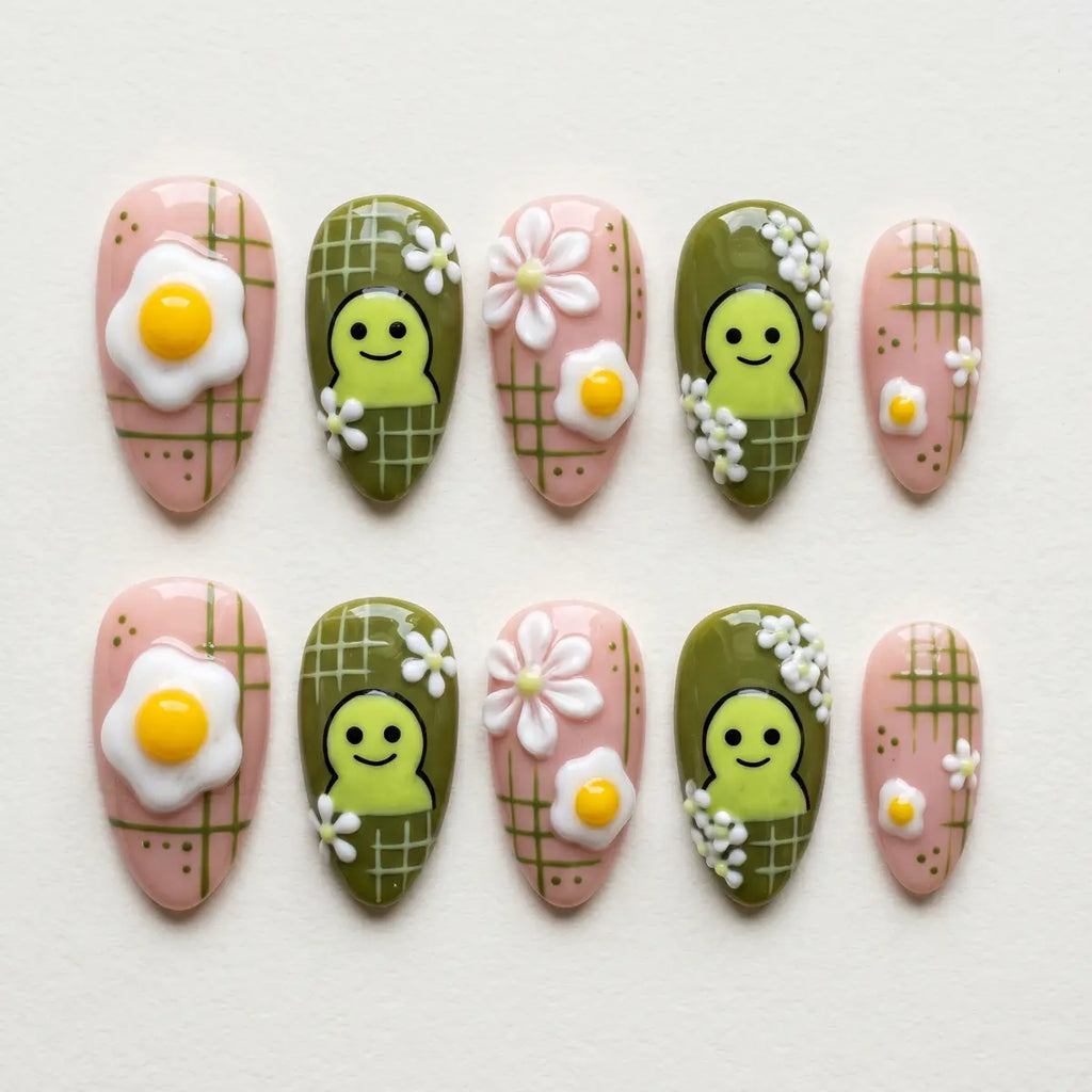 green pink 3d almond press on nails fried egg daisy mockup 01
