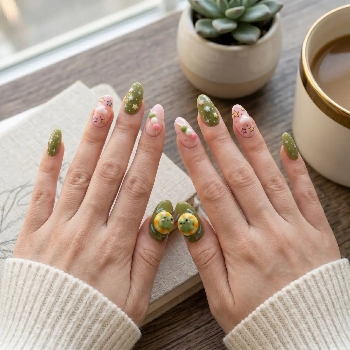 green pink 3d almond press on nails frog star dango charm detail 03