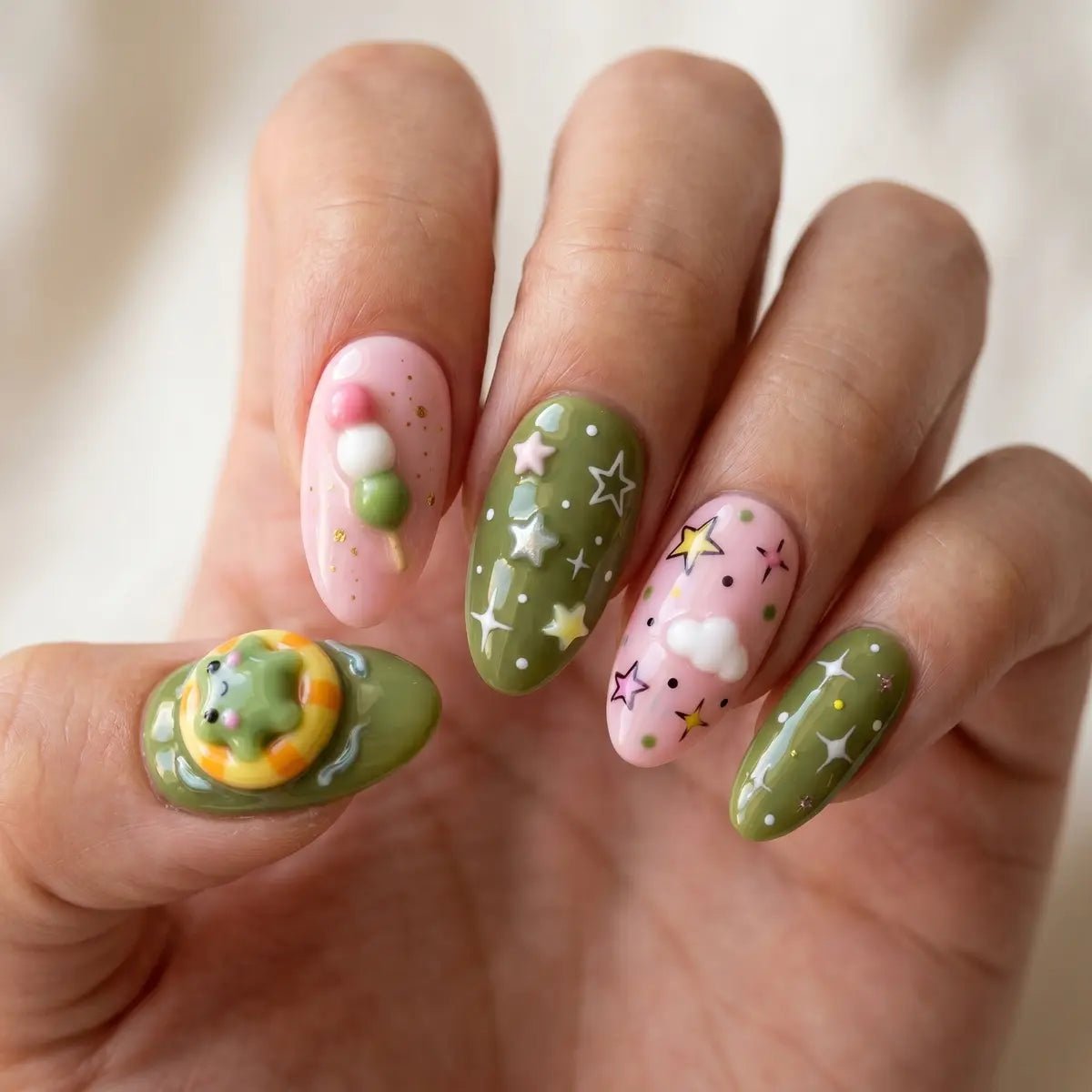 green pink 3d almond press on nails frog star dango charm lifestyle 02