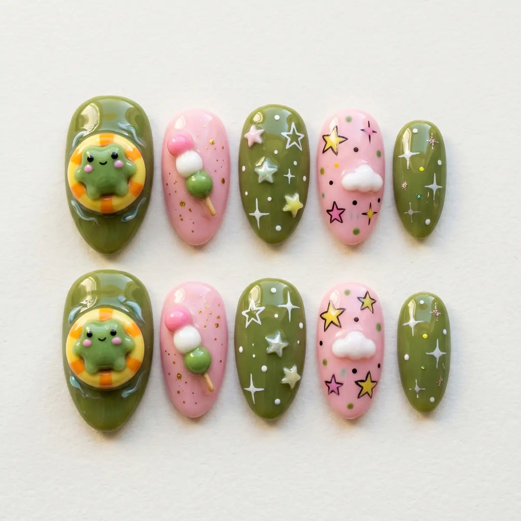 green pink 3d almond press on nails frog star dango charm mockup 01