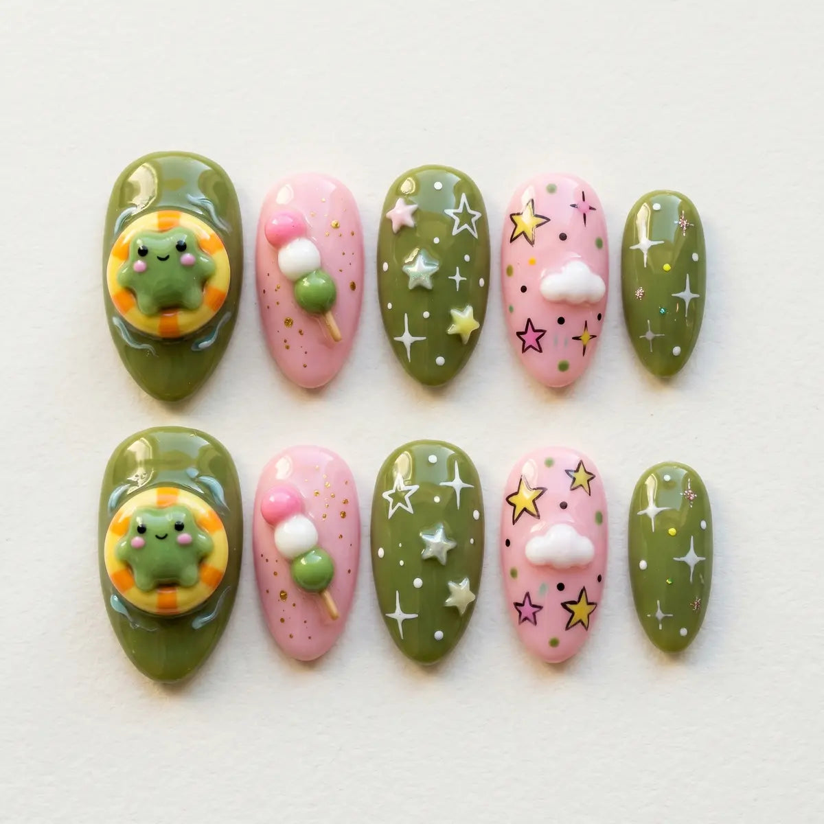 green pink 3d almond press on nails frog star dango charm mockup 01