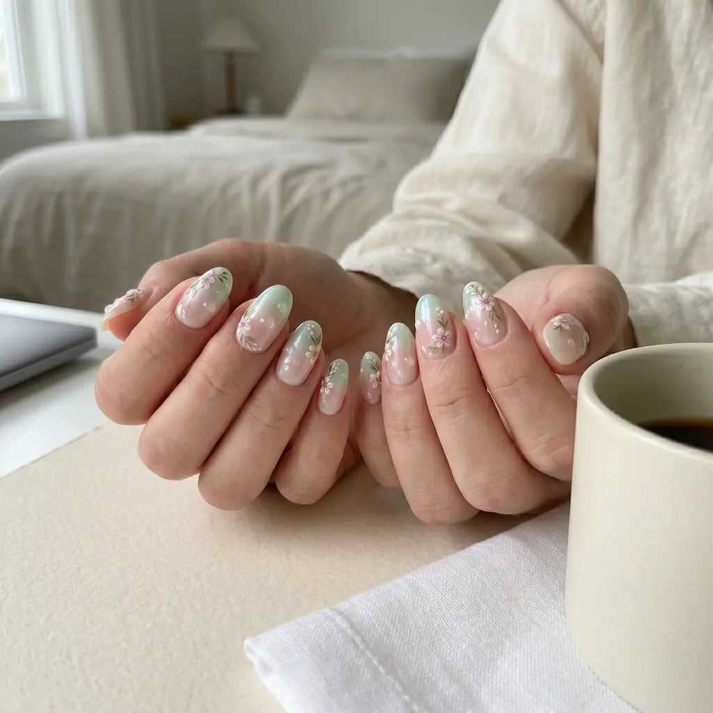 green pink ombre 3d almond press on nails flower water drop detail 03