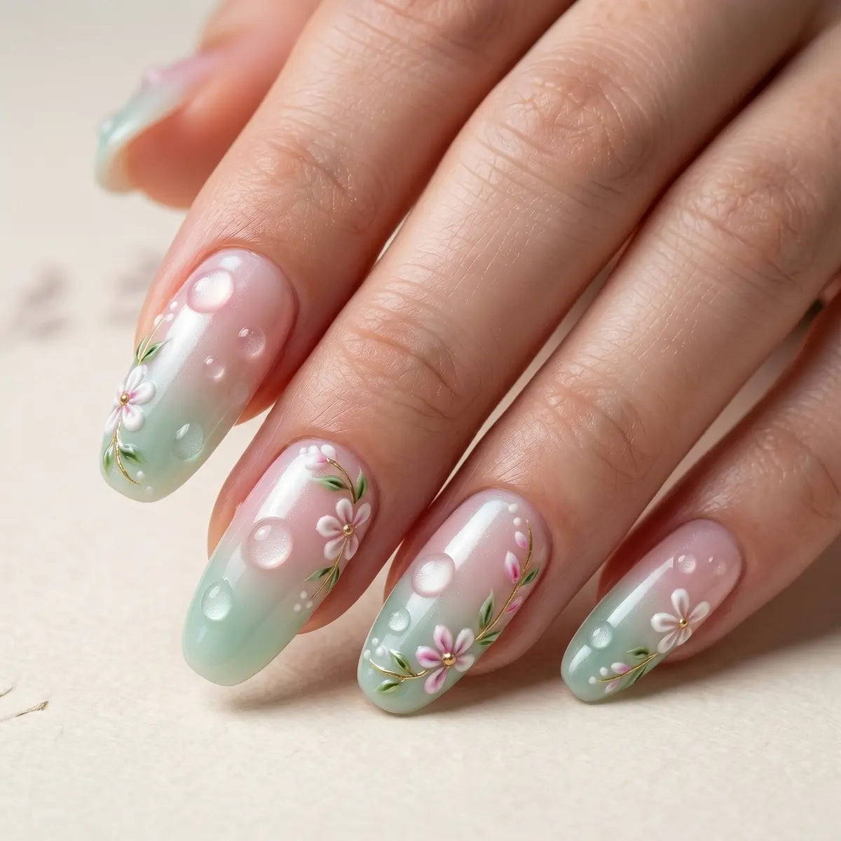 green pink ombre 3d almond press on nails flower water drop lifestyle 02
