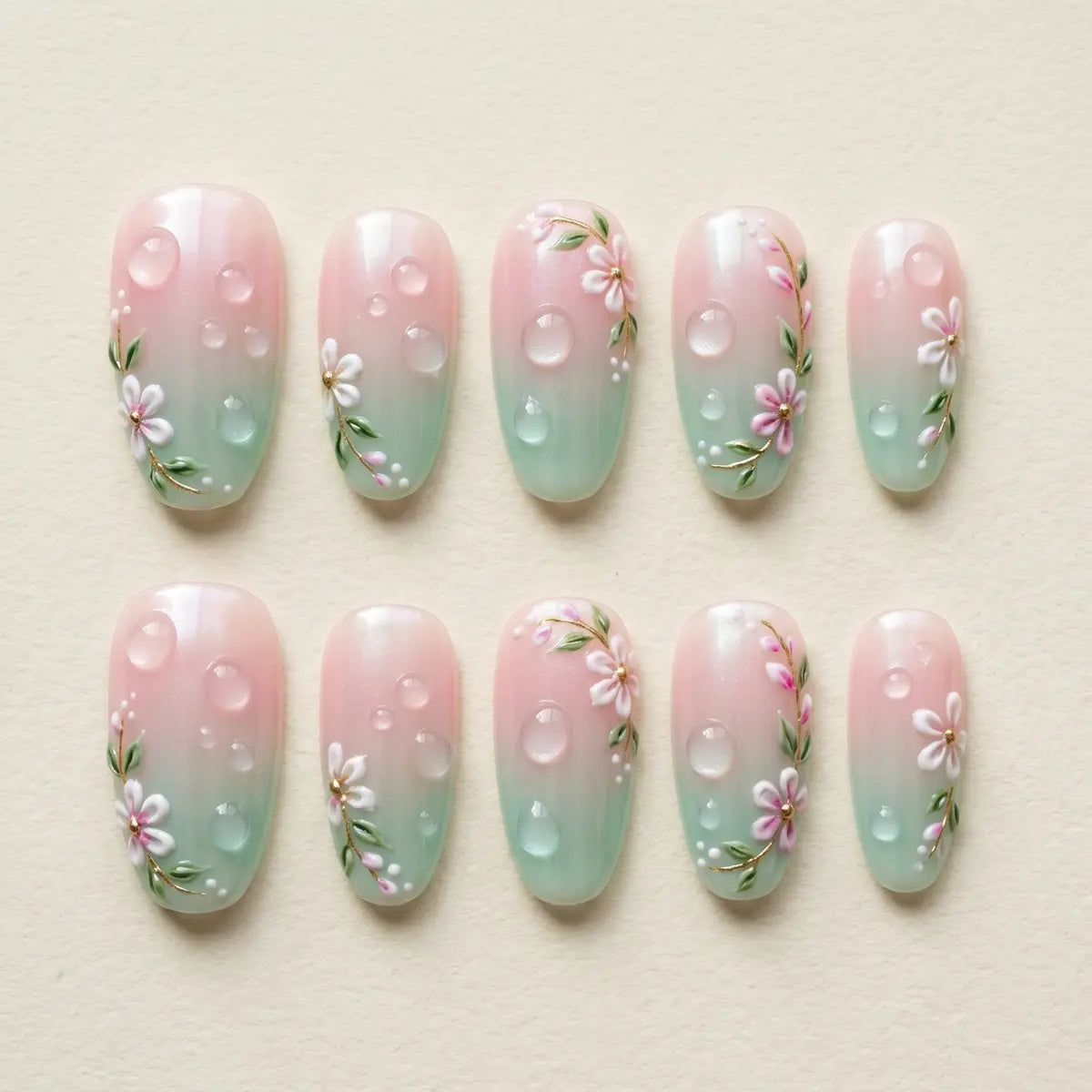 green pink ombre 3d almond press on nails flower water drop mockup 01