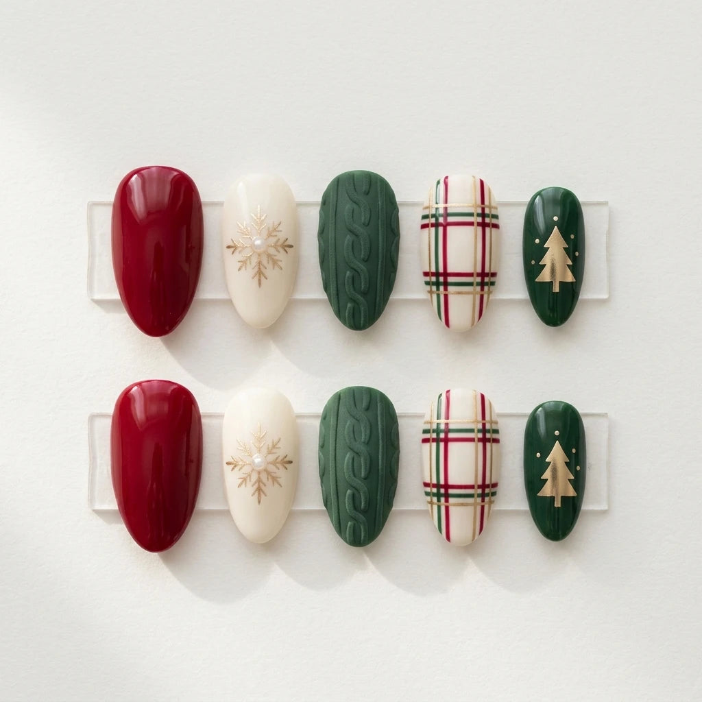 green red ivory 3d hand painted christmas almond press on nails sweater plaid flat lay 04