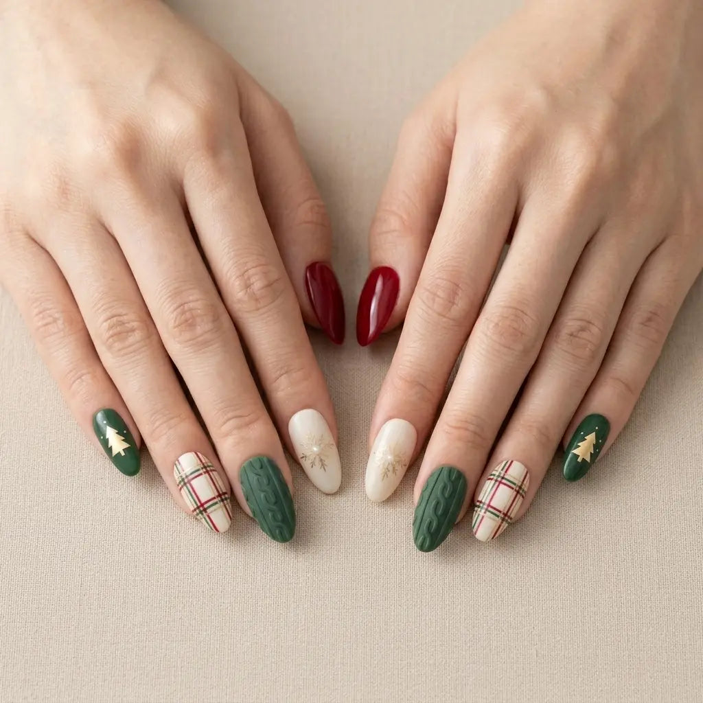 green red ivory 3d hand painted christmas almond press on nails sweater plaid lifestyle 03