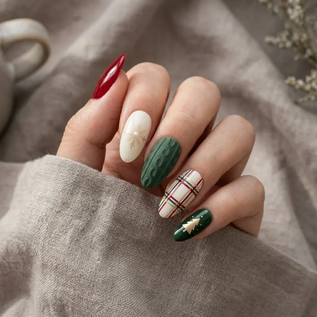 green red ivory 3d hand painted christmas almond press on nails sweater plaid mockup 01