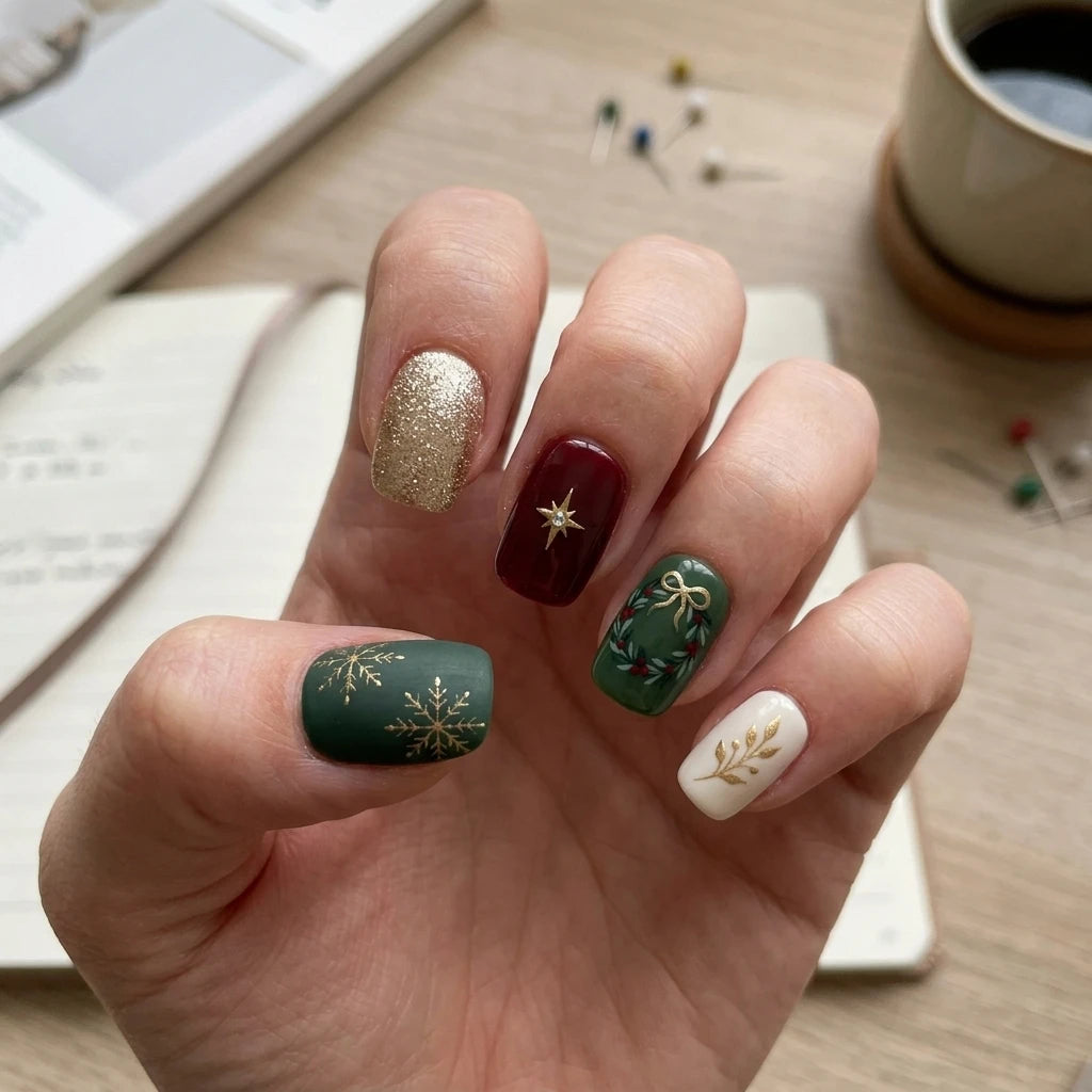 green red ivory 3d hand painted christmas square short press on nails wreath bow flat lay 03