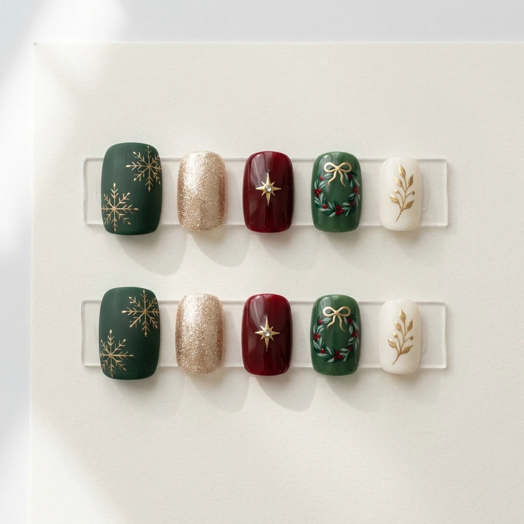 green red ivory 3d hand painted christmas square short press on nails wreath bow lifestyle 02