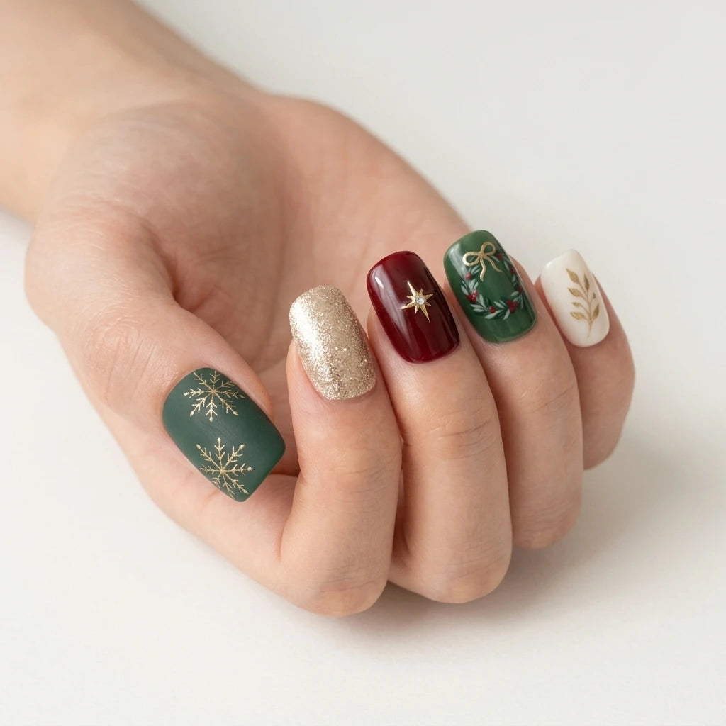 green red ivory 3d hand painted christmas square short press on nails wreath bow mockup 01