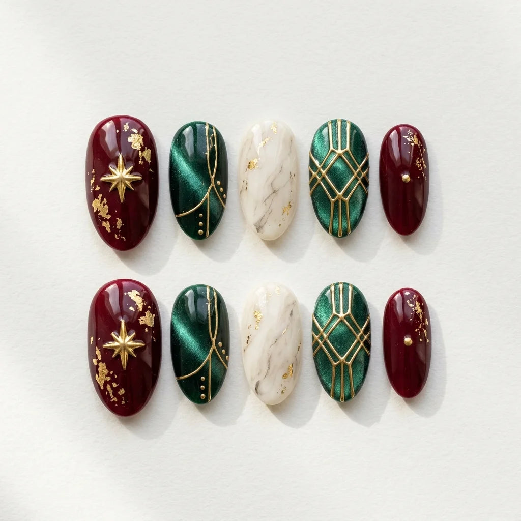 green red ivory cat eye marble christmas almond press on nails gold wire flake flat lay 03