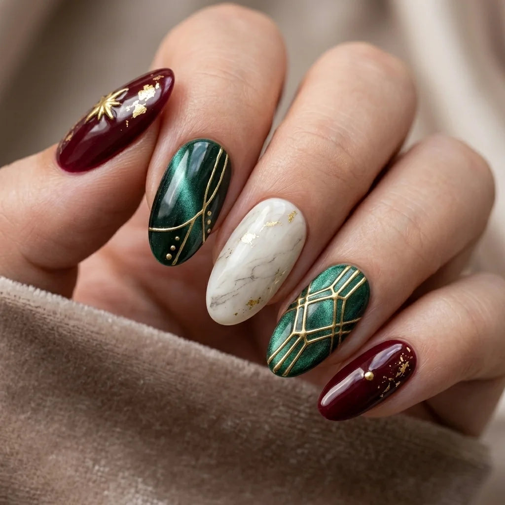 green red ivory cat eye marble christmas almond press on nails gold wire flake lifestyle 02