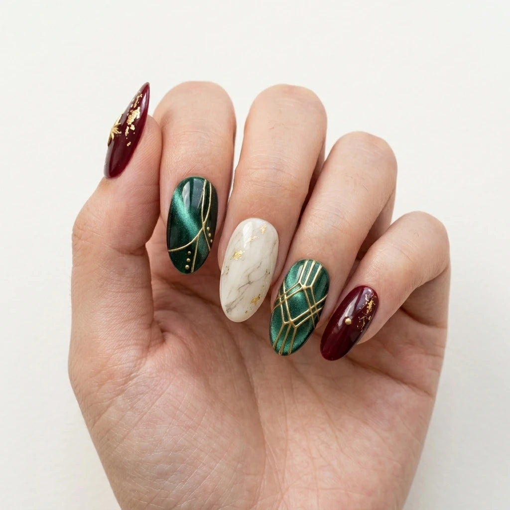 green red ivory cat eye marble christmas almond press on nails gold wire flake mockup 01