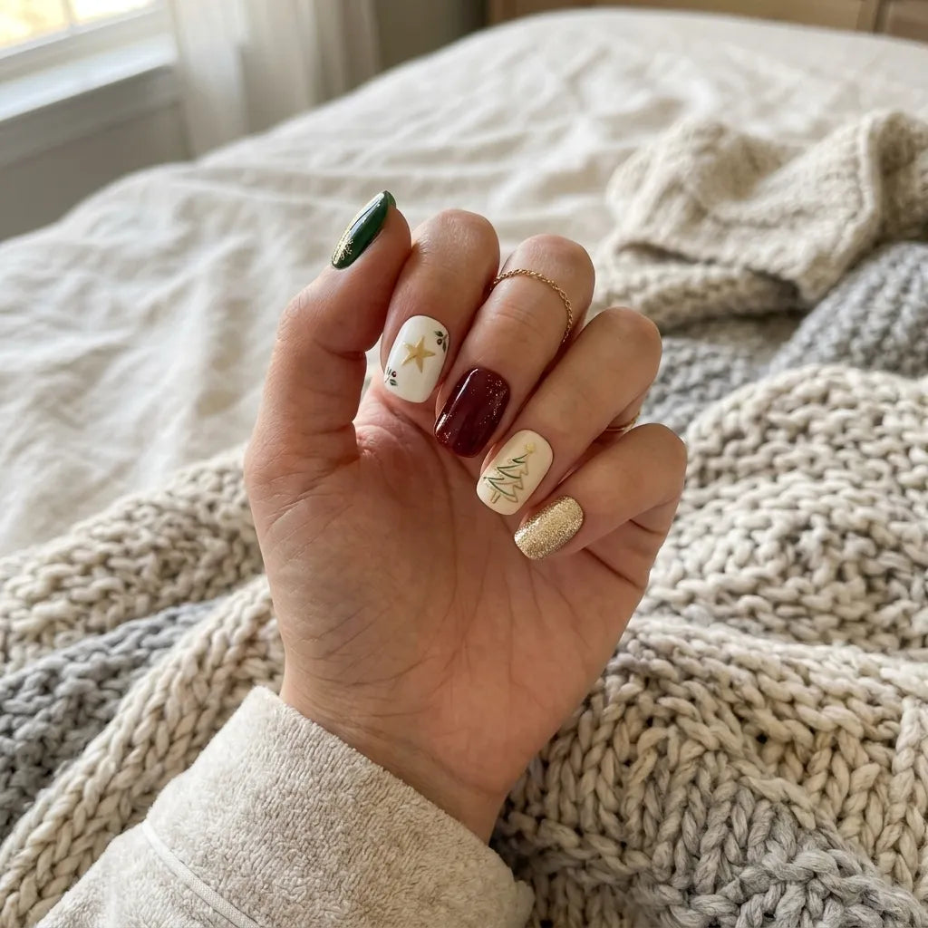 green red ivory hand painted christmas square short press on nails tree star glitter flat lay 04