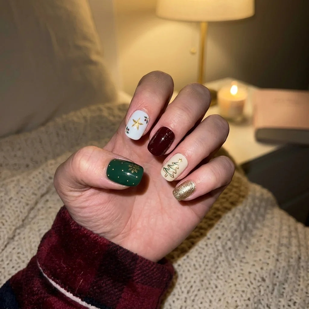 green red ivory hand painted christmas square short press on nails tree star glitter lifestyle 02