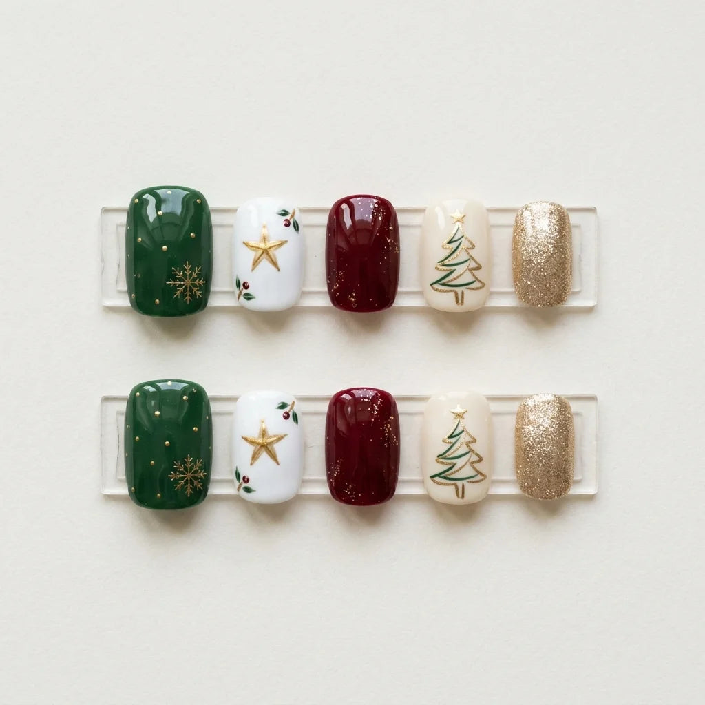 green red ivory hand painted christmas square short press on nails tree star glitter lifestyle 03