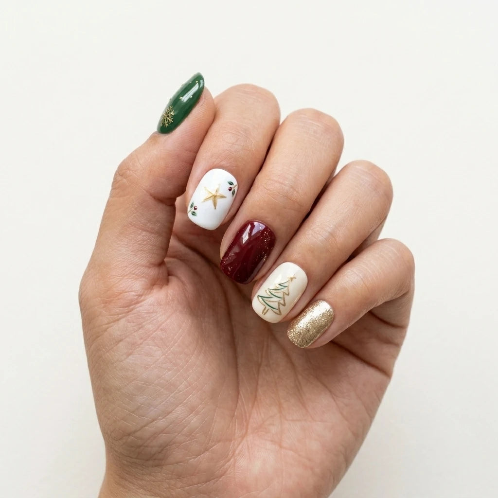 green red ivory hand painted christmas square short press on nails tree star glitter mockup 01