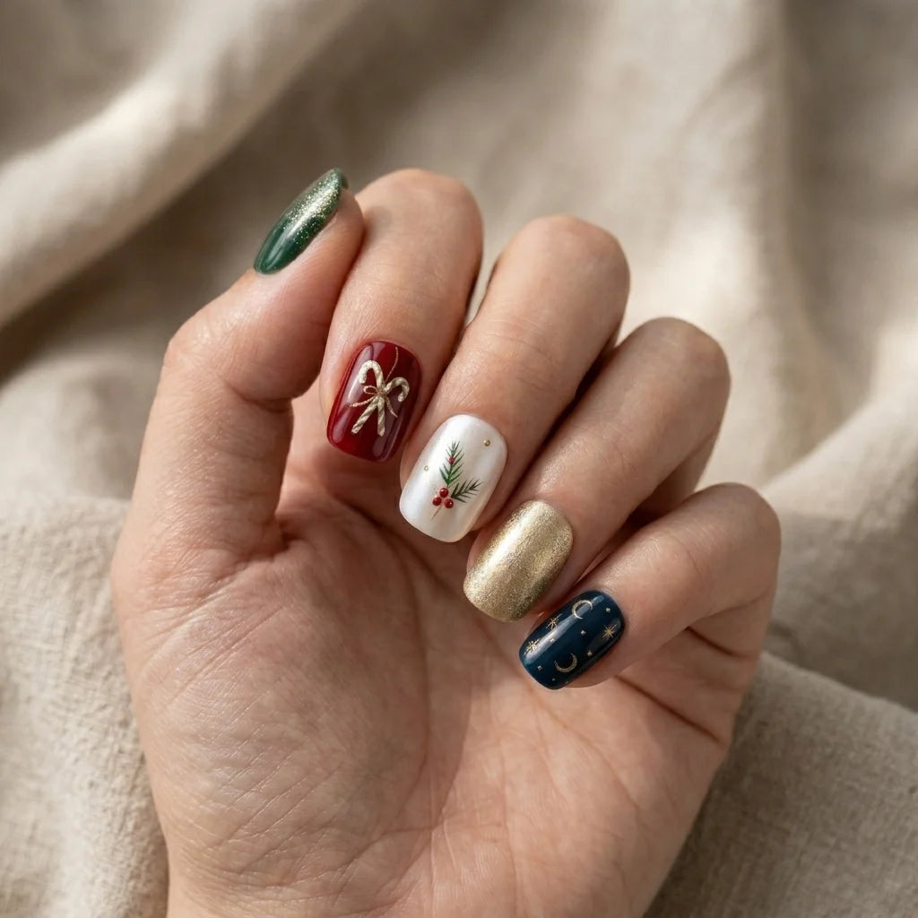 green red navy 3d hand painted christmas square short press on nails candy cane glitter flat lay 04