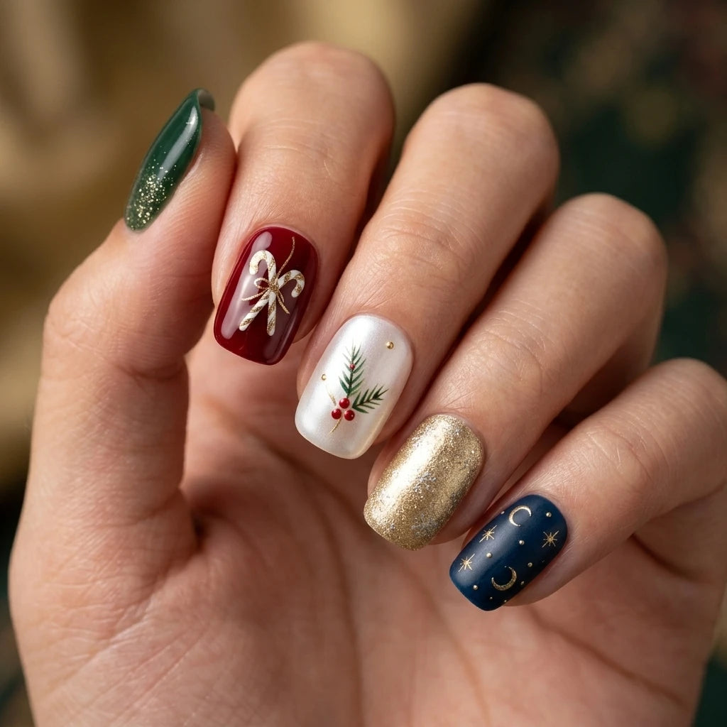 green red navy 3d hand painted christmas square short press on nails candy cane glitter lifestyle 03