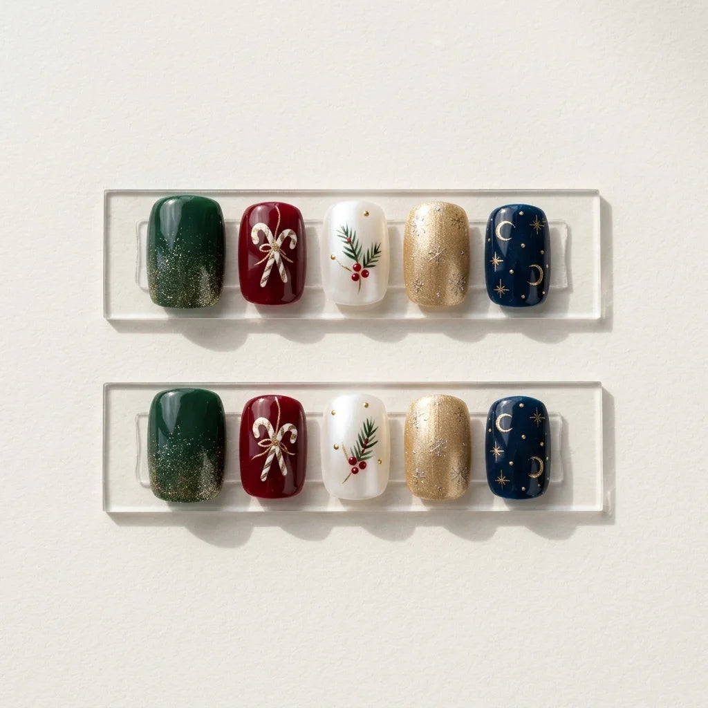 green red navy 3d hand painted christmas square short press on nails candy cane glitter mockup 01