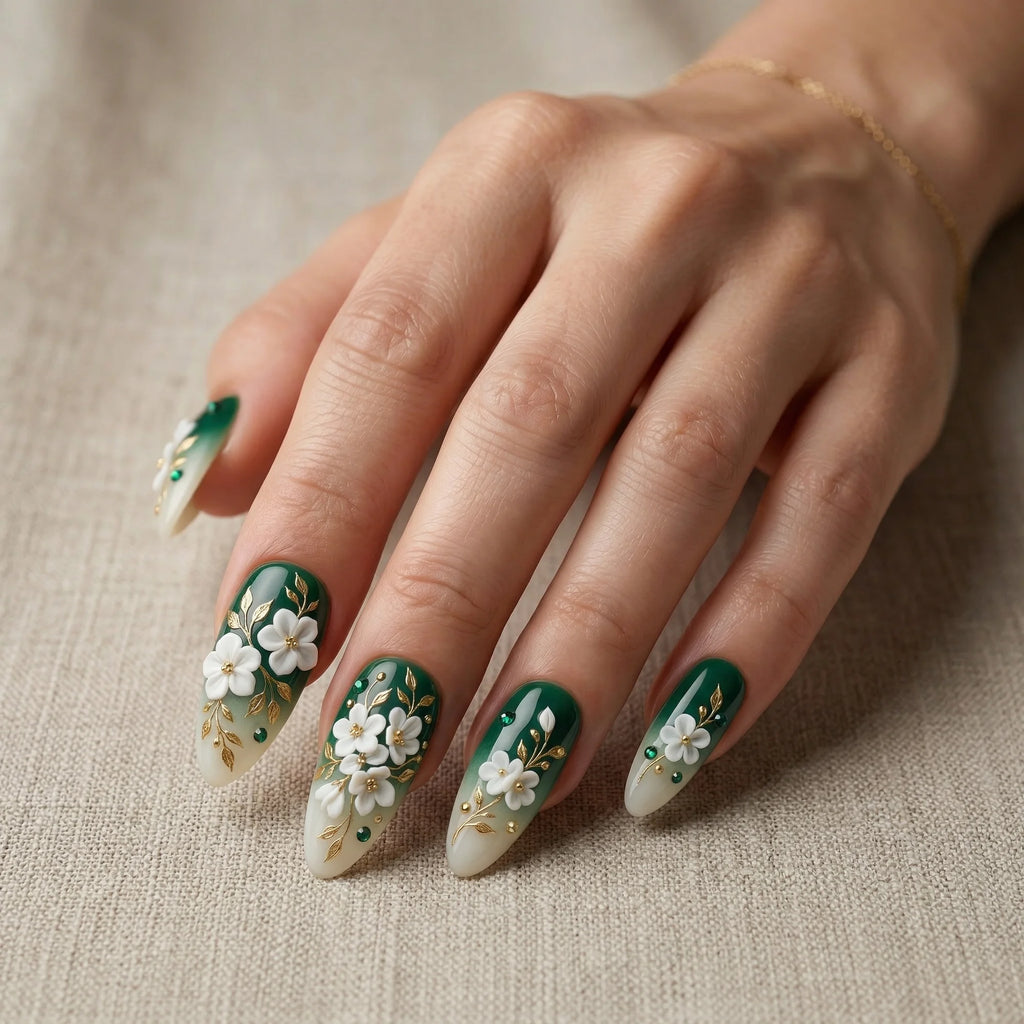 green white 3d floral rhinestone almond medium press on nails mockup 02