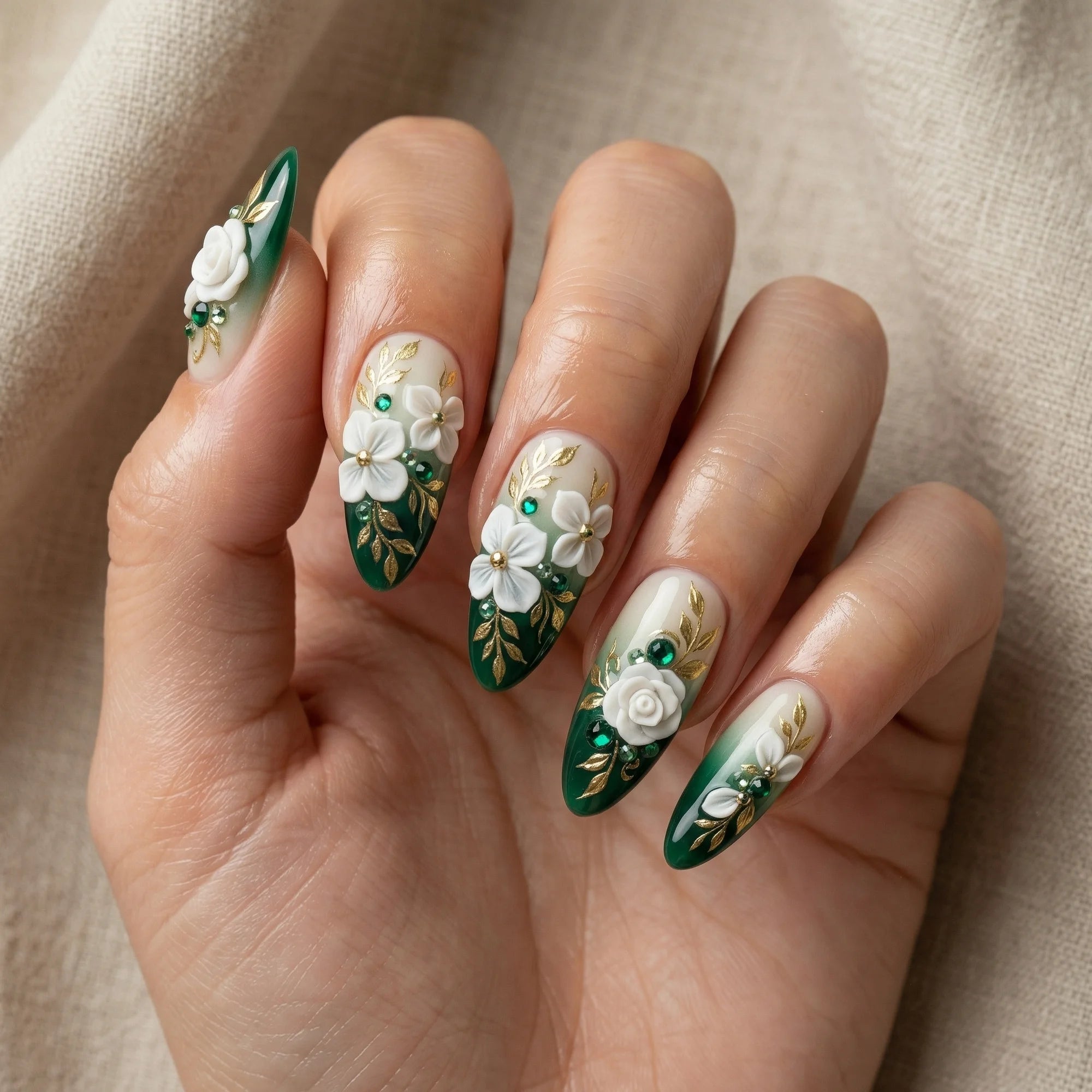 green white 3d rose floral almond medium press on nails mockup 02