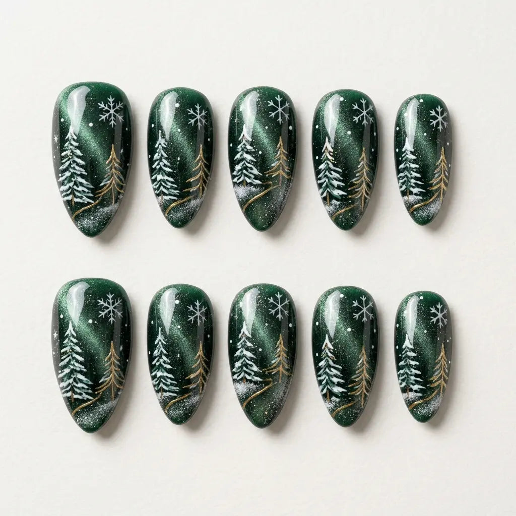 green white cat eye almond press on nails pine tree snowflake star flat lay 01
