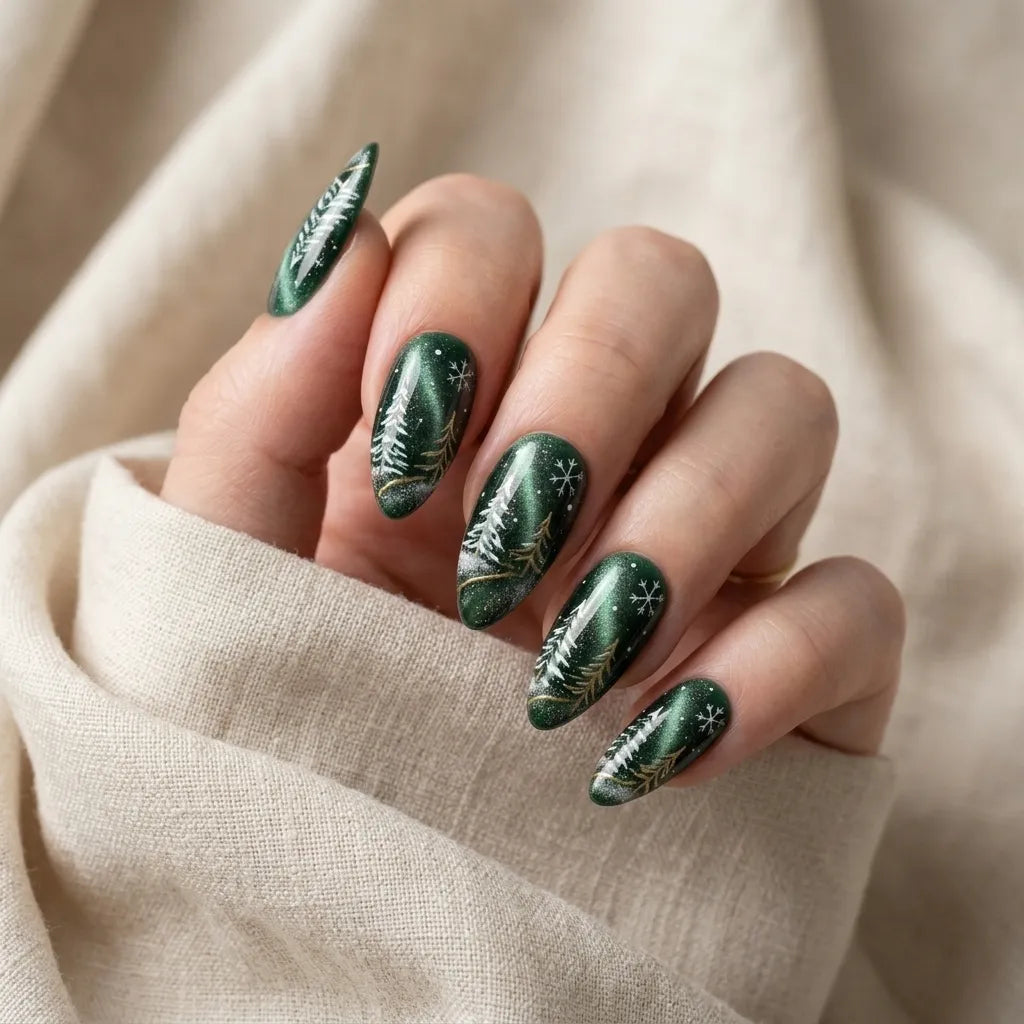 green white cat eye almond press on nails pine tree snowflake star lifestyle 01