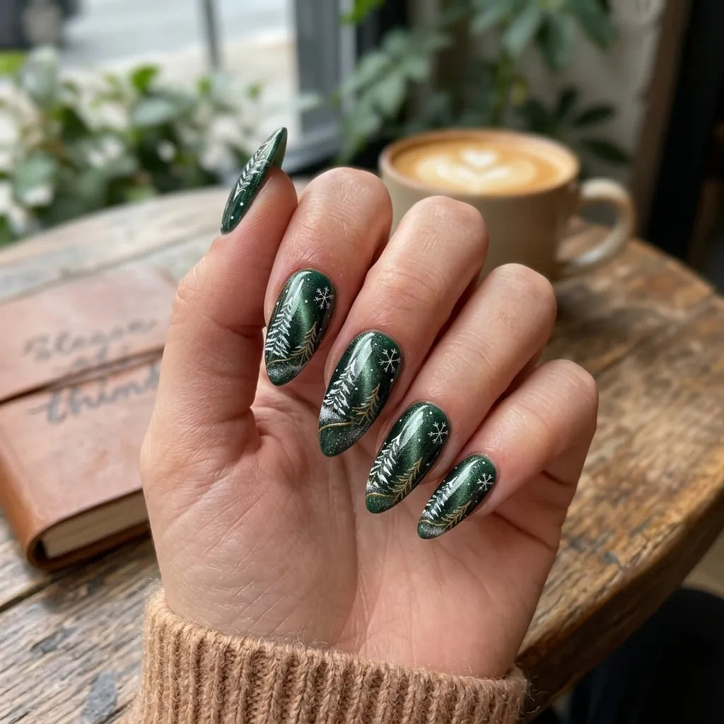 green white cat eye almond press on nails pine tree snowflake star lifestyle 02