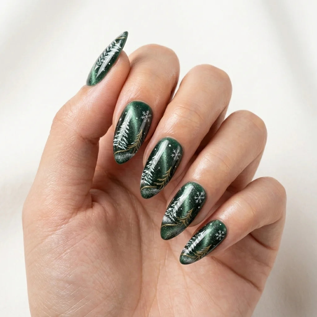 green white cat eye almond press on nails pine tree snowflake star mockup 01