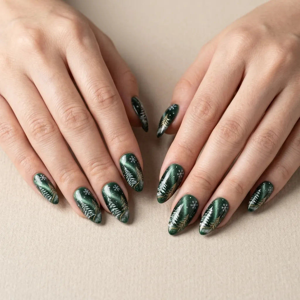 green white cat eye almond press on nails pine tree snowflake star mockup 02