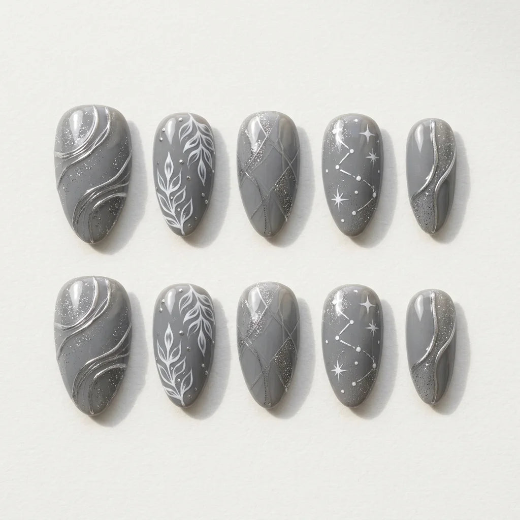 grey 3d chrome almond press on nails star leaf wave flat lay 01