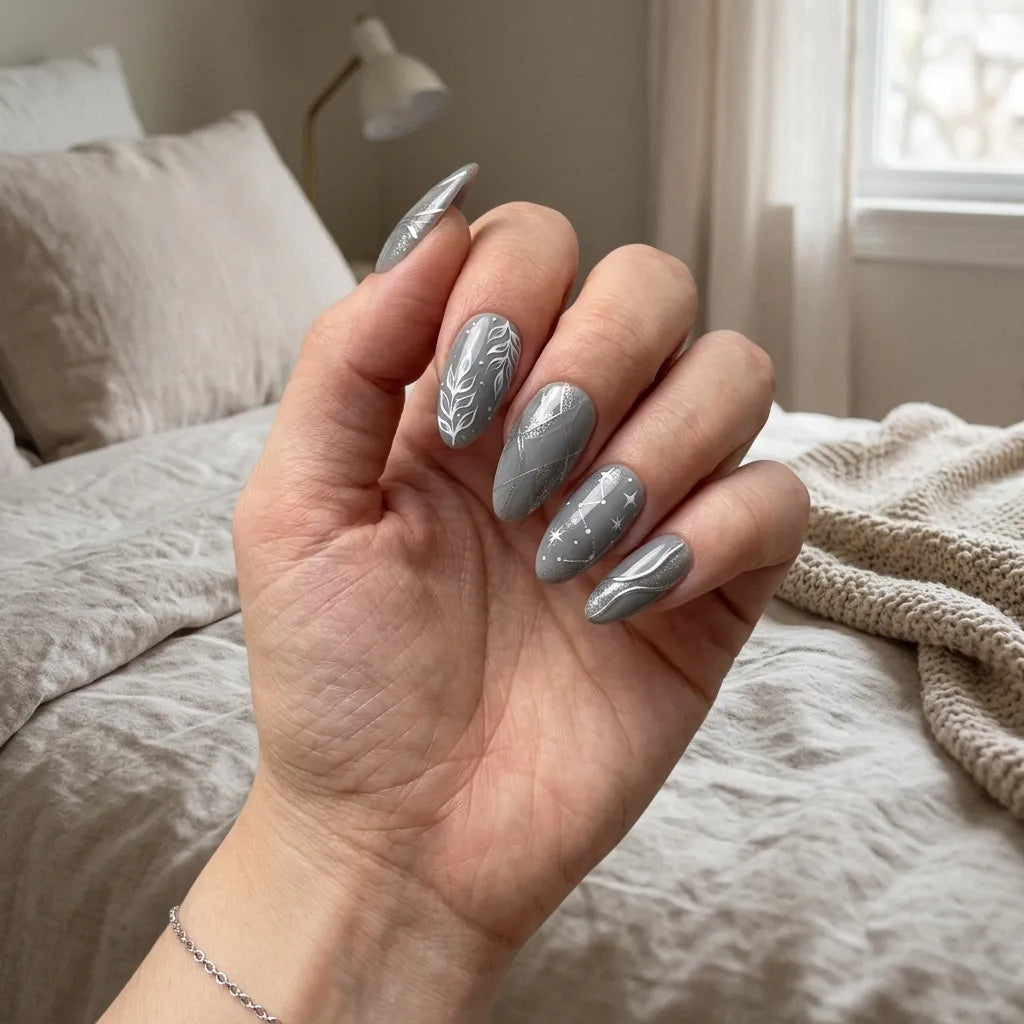 grey 3d chrome almond press on nails star leaf wave lifestyle 01