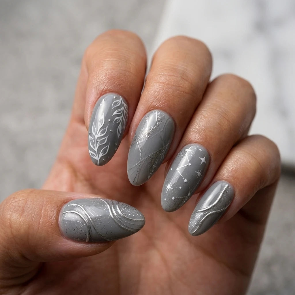 grey 3d chrome almond press on nails star leaf wave mockup 01